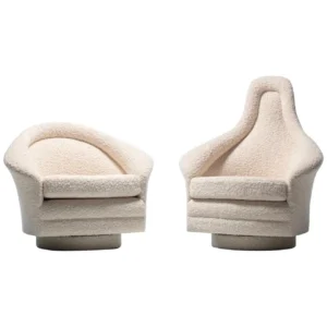 Pair of Adrian Pearsall Mom and Pop Swivel Lounge Chairs and Ottoman in Ivory Boucle
